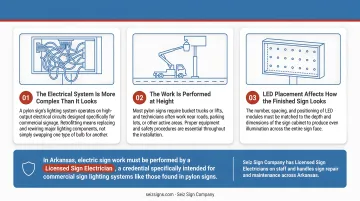 A pylon retrofit is one of those projects where the gap between watching it done and doing it is widest. The electrical system is far more complex than it looks, as a pylon sign's lighting system operates on high-output electrical circuits designed specifically for commercial signage. Retrofitting the sign involves replacing and rewiring major lighting components, not simply swapping one type of bulb for another. The work is also performed at height, with most pylon signs requiring bucket trucks or lifts while technicians work near roads, parking lots, or other active areas, making proper equipment and safety procedures essential throughout the installation. In addition, LED placement has a significant impact on how the finished sign looks. An LED retrofit isn't just about making the sign light up; the number, spacing, and positioning of the LED modules must be matched to the depth and dimensions of the sign cabinet to produce even illumination across the entire sign face. In Arkansas, electric sign work must be performed by a Licensed Sign Electrician, a credential specifically intended for commercial sign lighting systems like those found in pylon signs.
