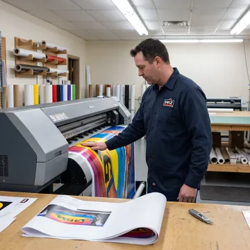 Custom banner being printed in a sign shop