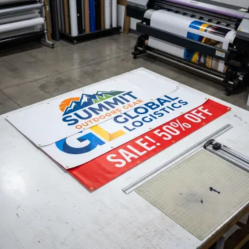 Finished custom vinyl banners in production