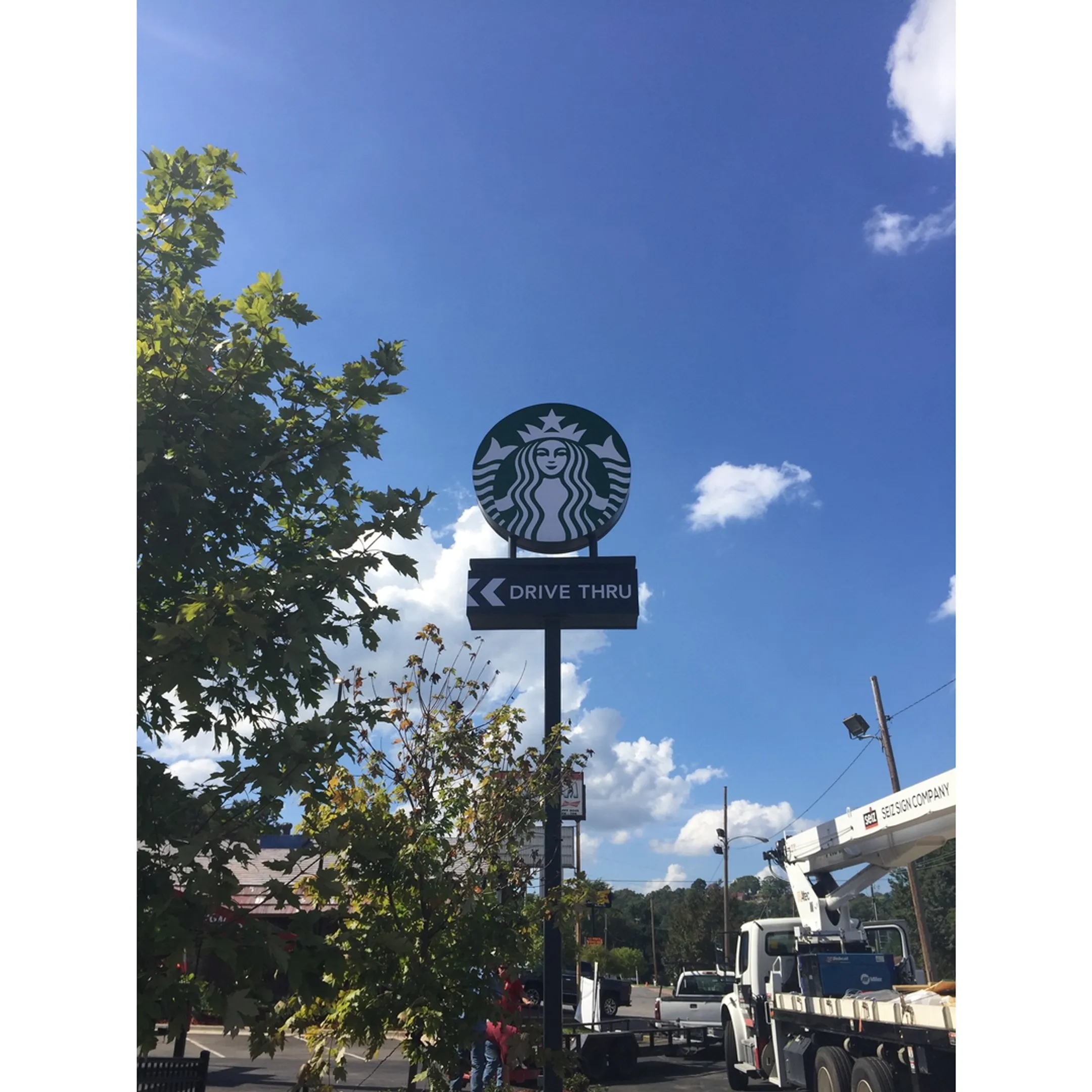 Commercial sign repair technician servicing a business sign