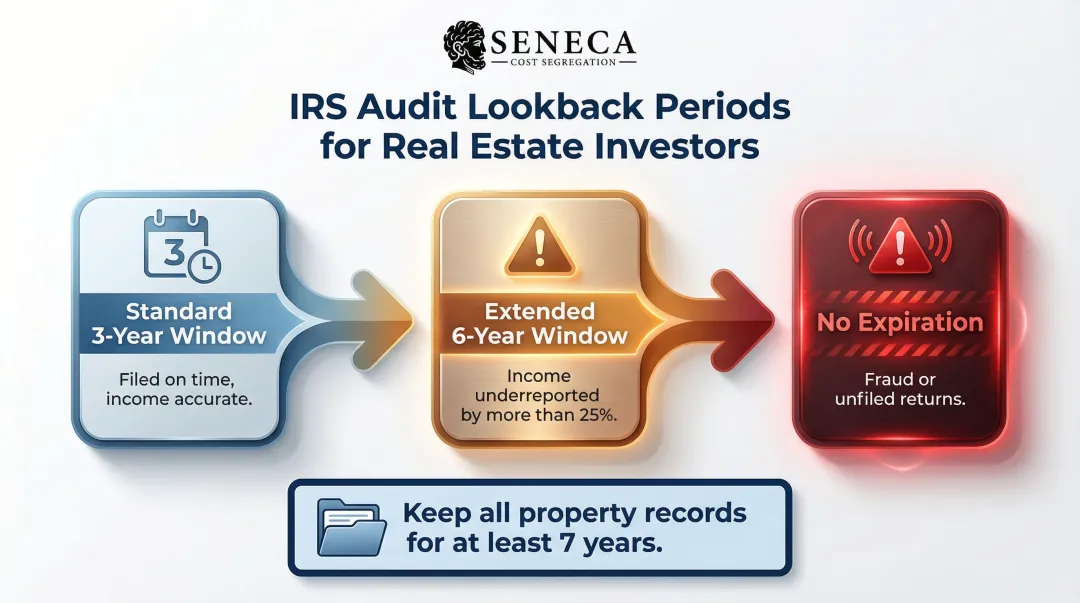 IRS audit lookback period rules 3-year 6-year and unlimited timeline infographic