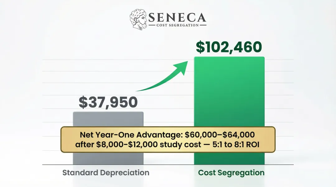 Cost segregation net year one ROI calculation showing 60000 dollar benefit versus study cost