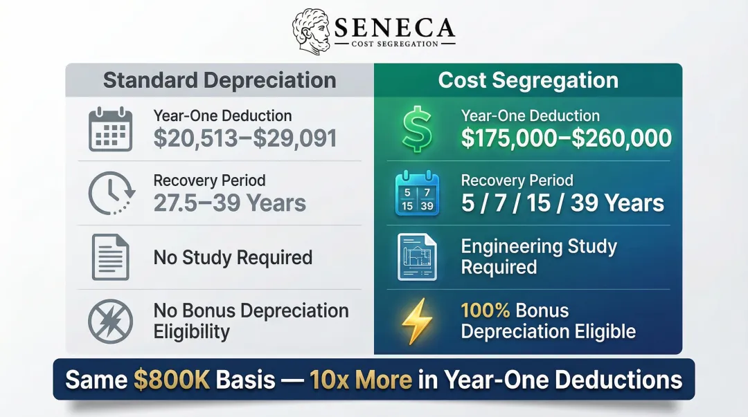 Cost segregation versus standard depreciation side-by-side comparison on 1 million dollar property