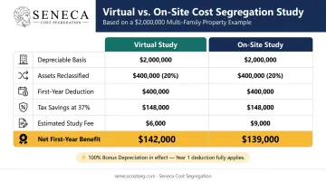 Virtual versus on-site cost segregation net ROI comparison table infographic