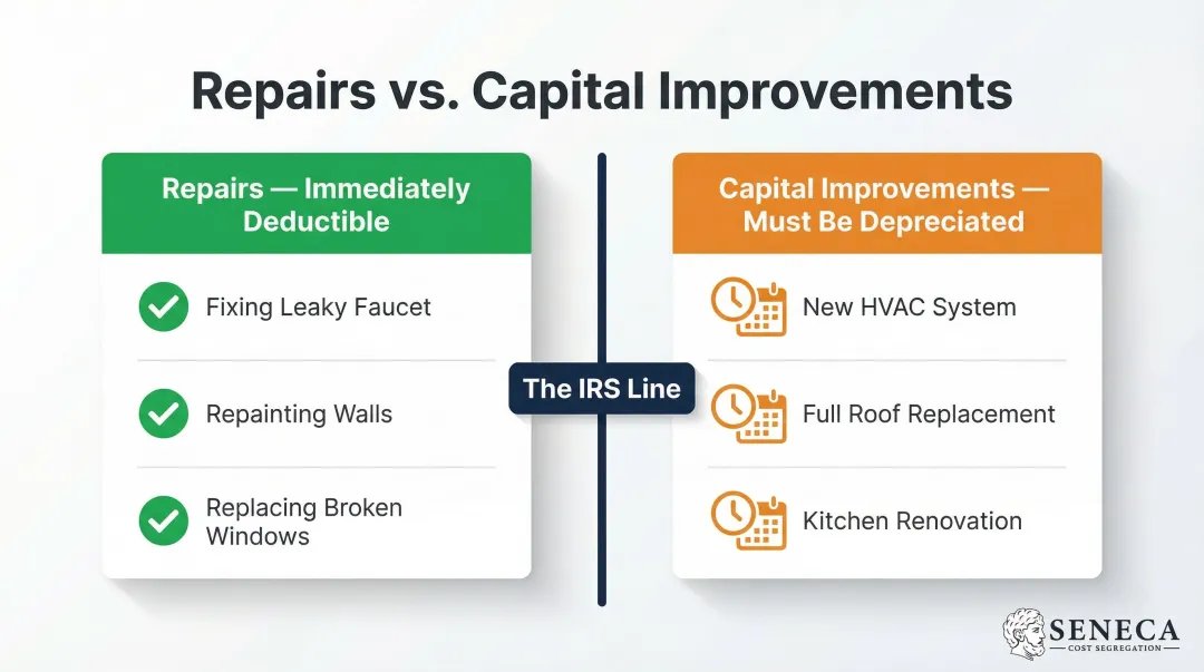 Repairs versus capital improvements tax treatment comparison infographic for landlords