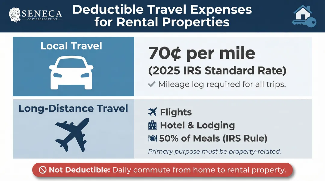 Rental property travel expense deduction rules local mileage and long-distance trips