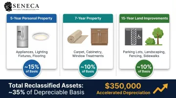 Cost segregation asset class breakdown table showing 5-year 7-year and 15-year qualifying property examples
