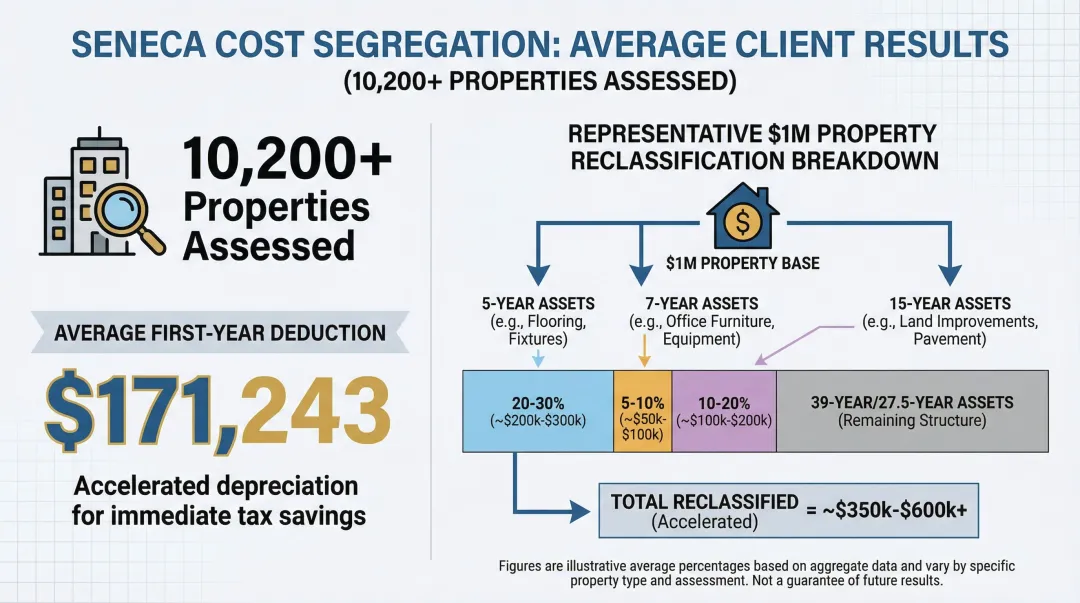 Seneca Cost Segregation study results showing average first-year deduction breakdown by asset class