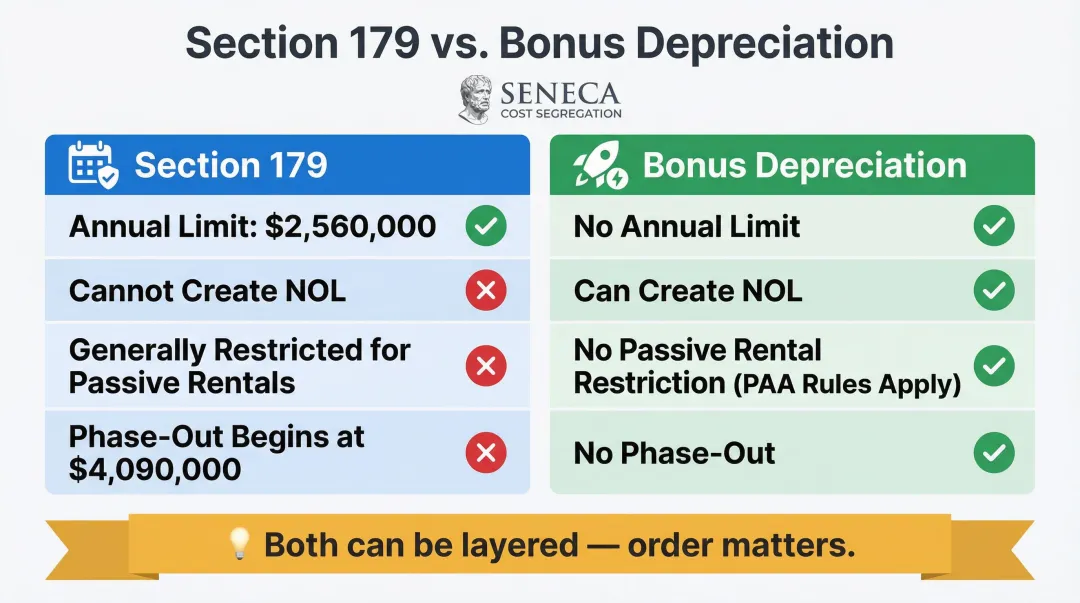 Section 179 versus bonus depreciation side-by-side comparison for real estate investors