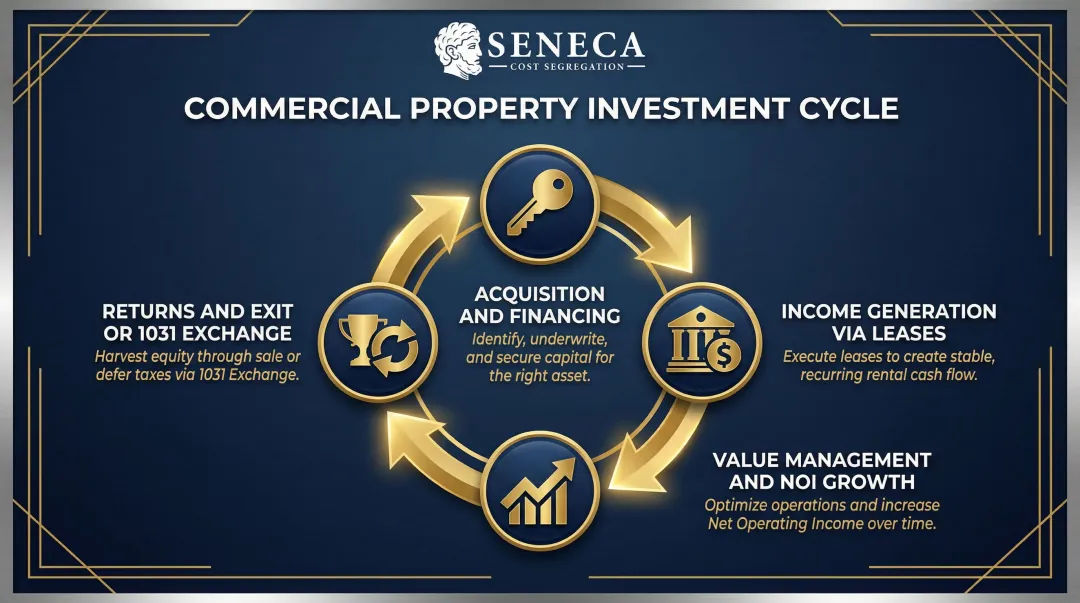 Four-stage commercial investment property cycle from acquisition to exit returns