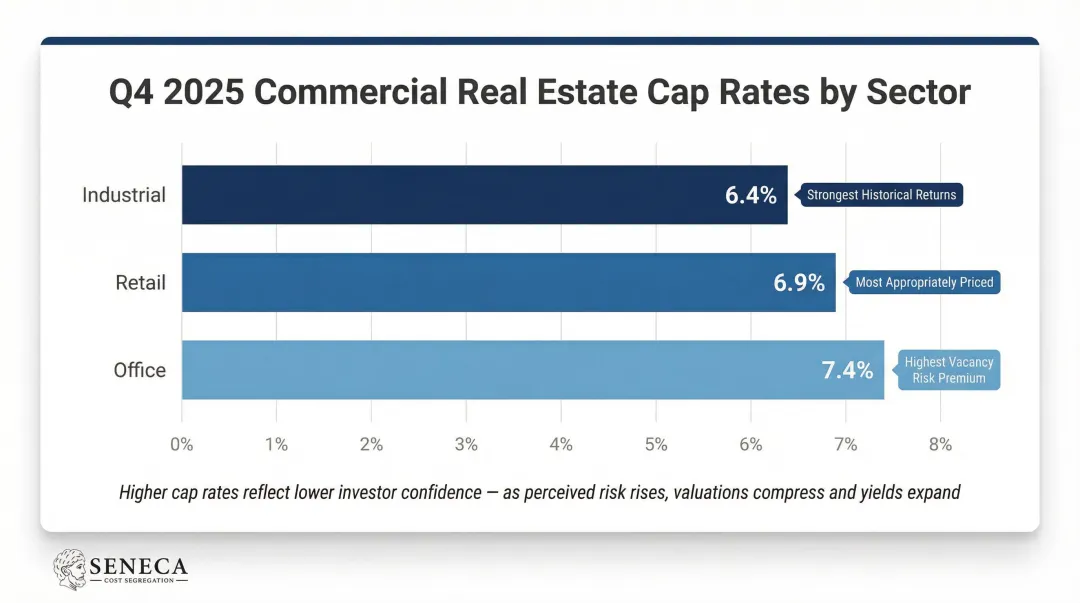 Commercial real estate cap rate benchmarks by sector industrial retail office Q4 2025