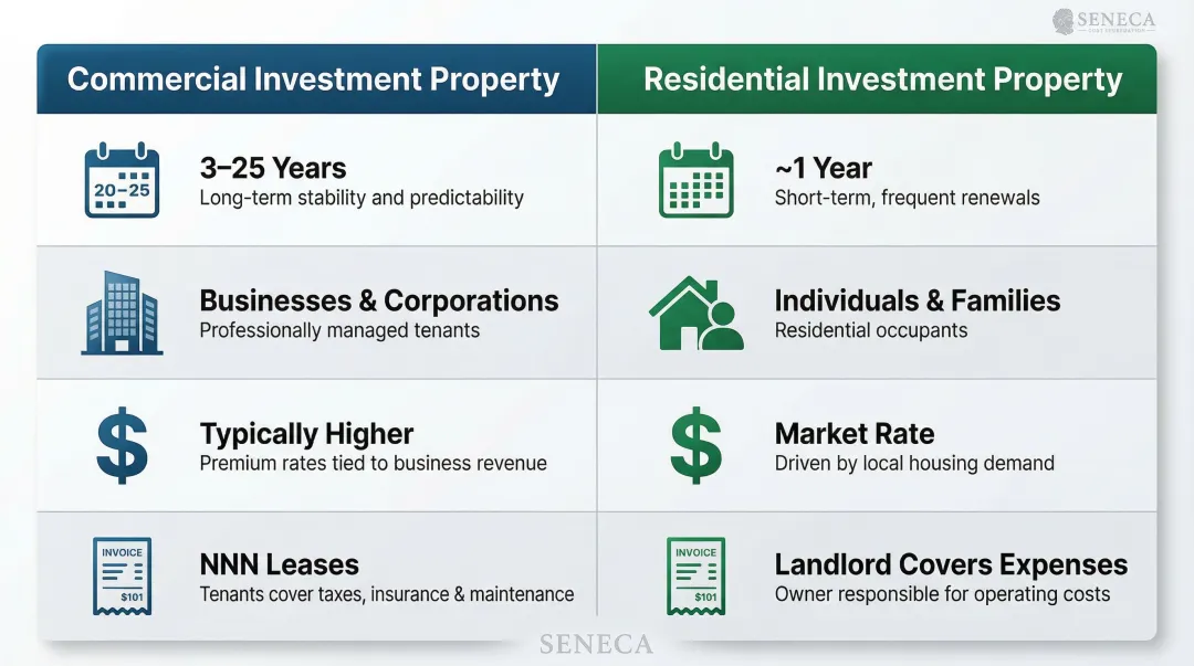 Commercial versus residential investment property key differences comparison infographic
