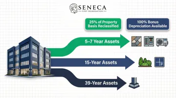Cost segregation depreciation reclassification process showing 5-year 15-year and 39-year schedules