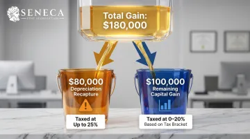 Depreciation recapture versus capital gains tax two-bucket split breakdown infographic