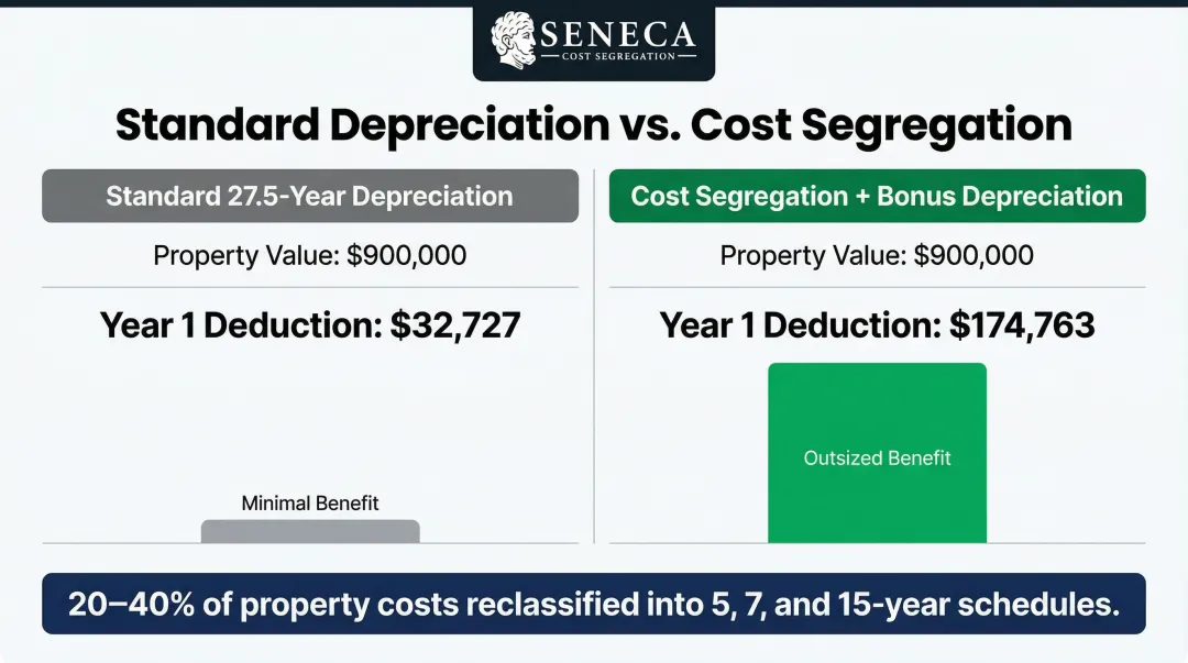 Cost segregation versus standard depreciation first-year deduction comparison chart