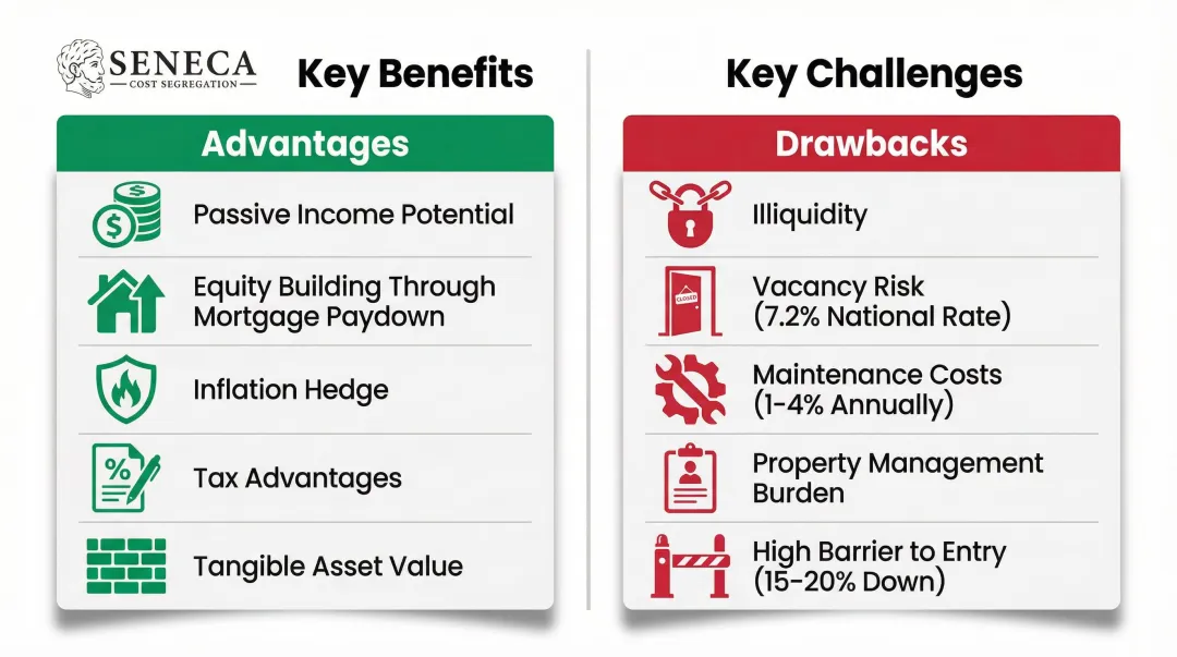 Rental property investing pros and cons side-by-side comparison infographic