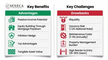 Rental property investing pros and cons side-by-side comparison infographic