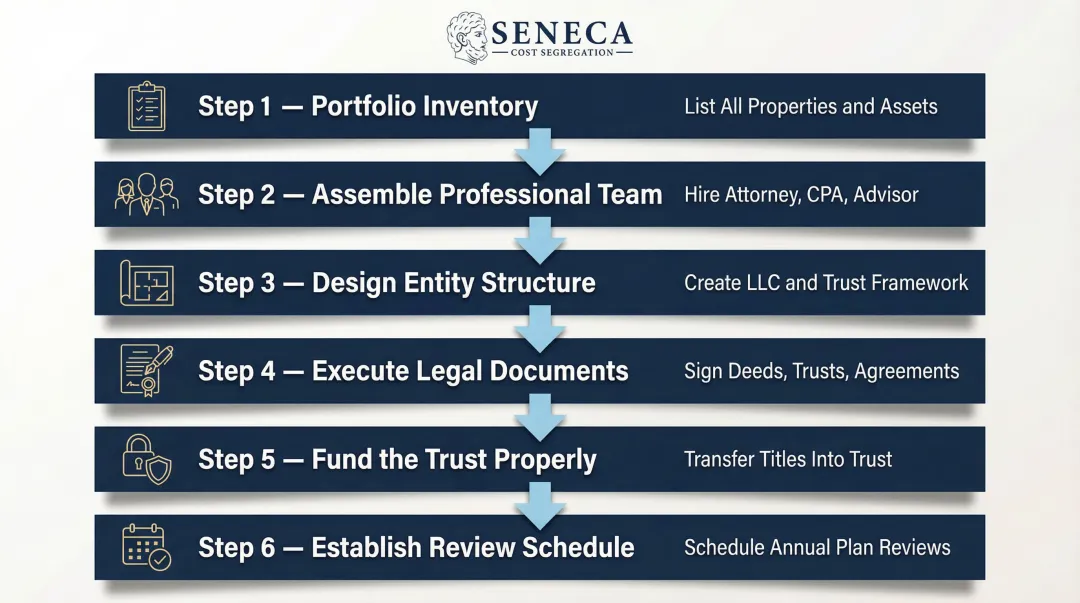 Six-step rental property estate plan building process from inventory to review schedule
