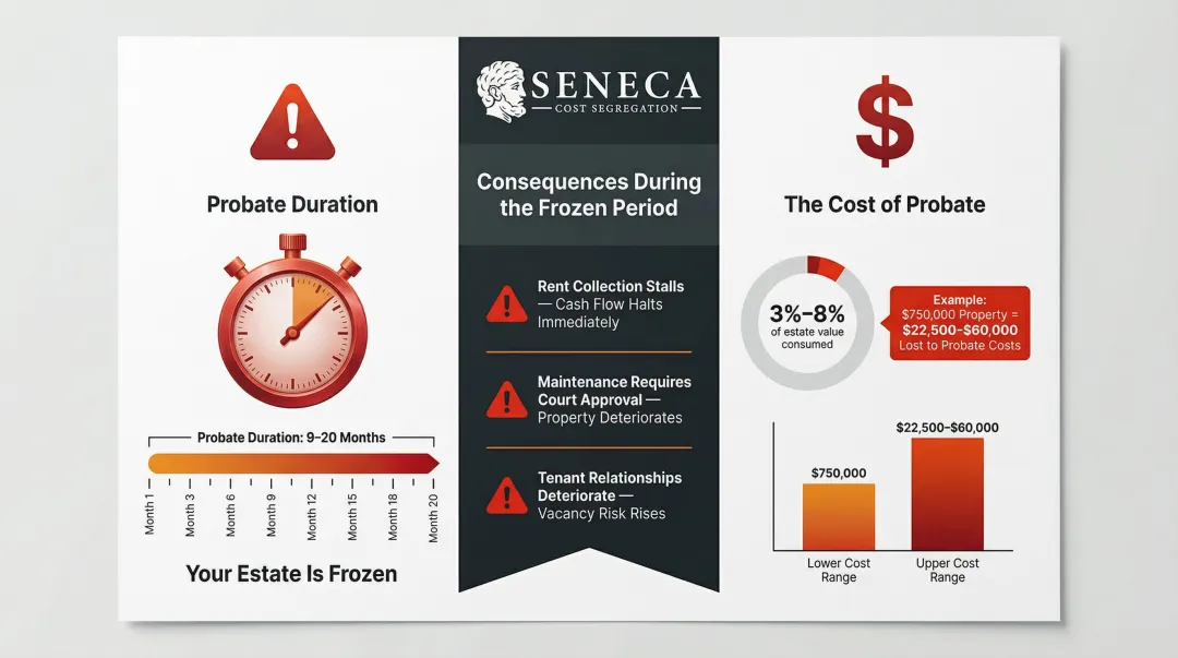 Probate process timeline showing 9-20 month duration and 3-8 percent estate cost drain