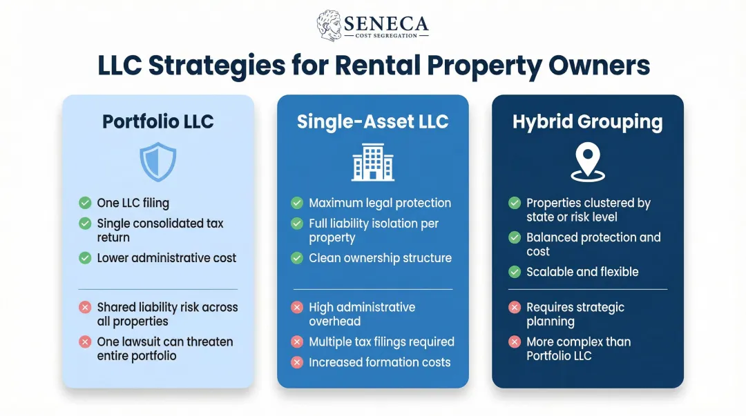 Three LLC structure options for rental portfolio liability protection comparison chart