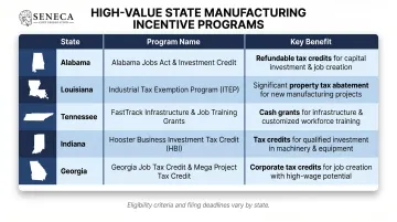 State manufacturing tax incentive programs comparison table five high-value states