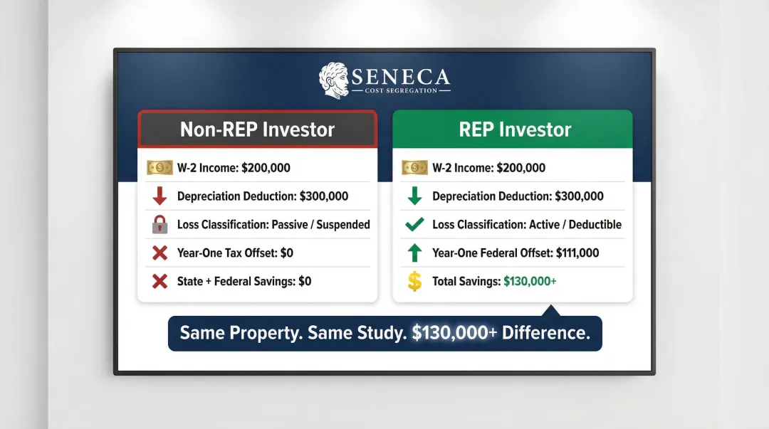 REP versus non-REP investor cost segregation tax savings side-by-side comparison chart
