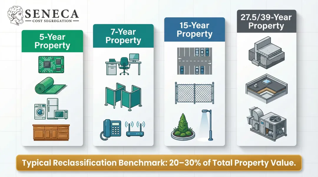 Cost segregation asset recovery periods 5 7 15 year property classification breakdown