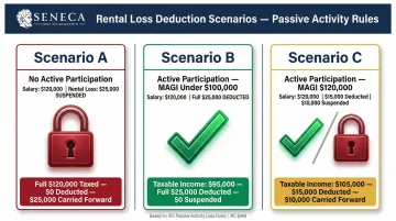Three rental loss scenarios comparing tax outcomes by MAGI income level