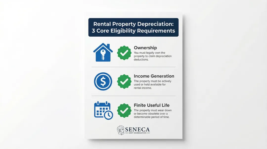 Three core rental property depreciation eligibility requirements illustrated as checklist