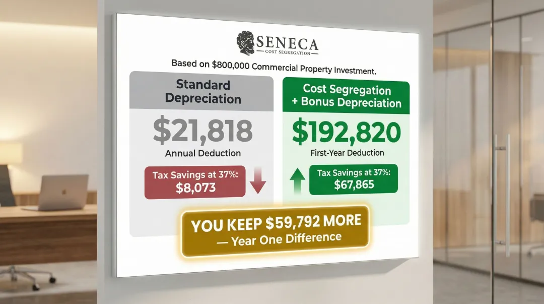 Cost segregation versus standard depreciation first-year deduction comparison for $800,000 property