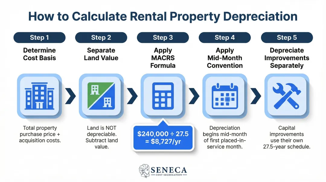 5-step rental property depreciation calculation process from basis to mid-month convention