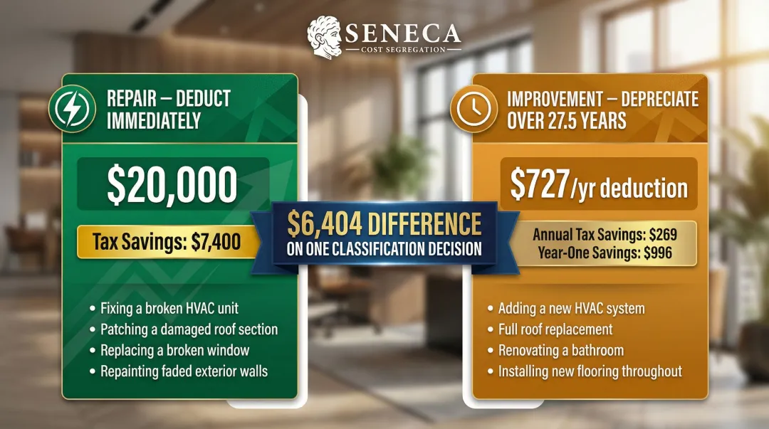 Repairs versus improvements tax treatment comparison showing immediate deduction versus 27.5-year depreciation impact