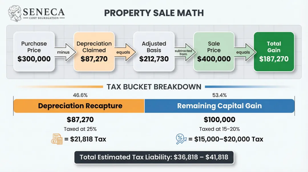 Depreciation recapture tax breakdown at sale showing capital gains and recapture liability split
