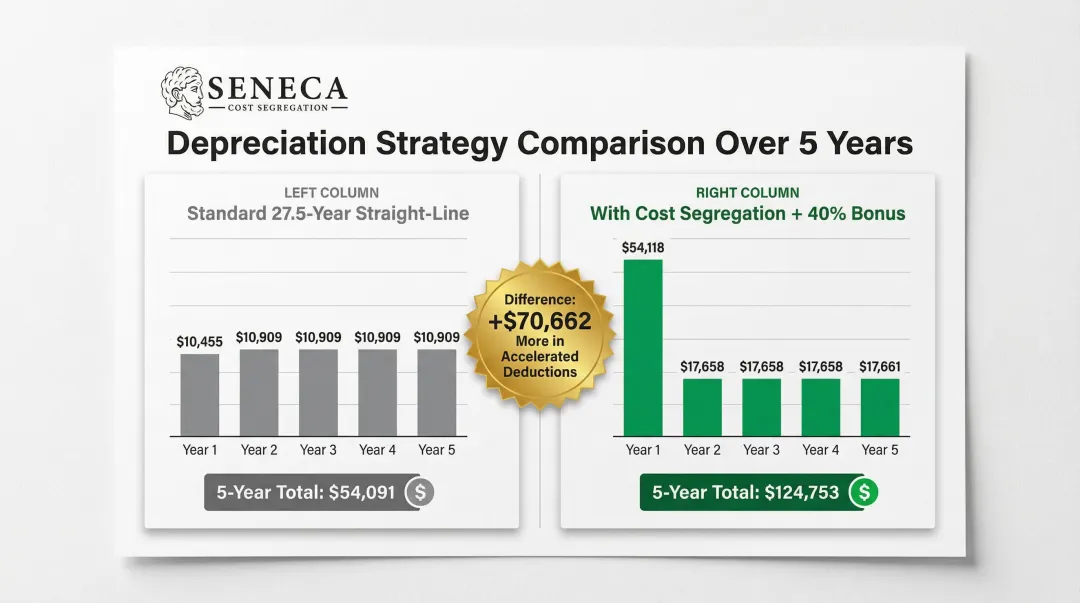 Standard versus accelerated depreciation five-year deduction comparison infographic