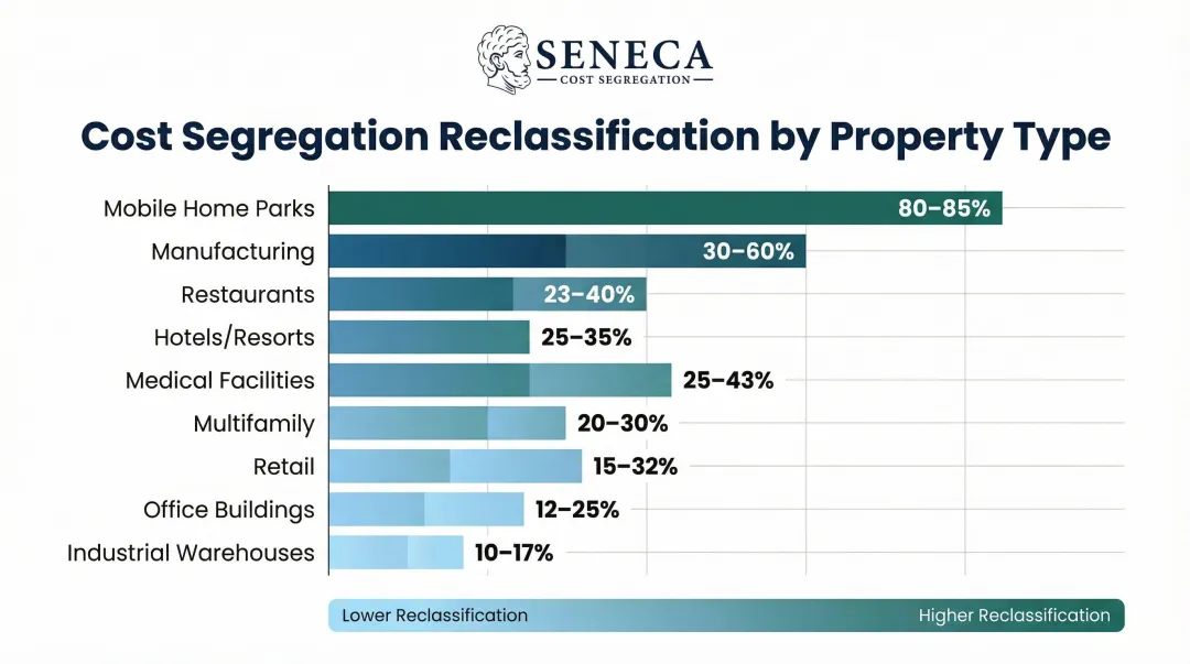 Property type cost segregation reclassification percentage ranges comparison chart