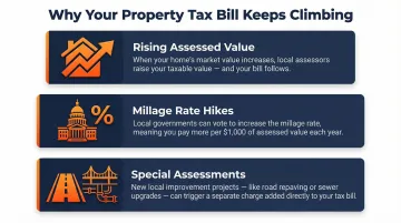 Three property tax increase triggers reassessment millage rates and special assessments