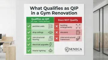 Qualified Improvement Property QIP eligibility criteria versus exclusions side-by-side infographic