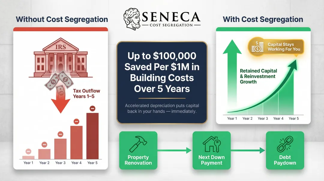 Cost segregation cash flow reinvestment benefit comparison over five years