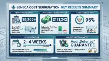Seneca Cost Segregation key performance metrics showing studies completed and client referral rate