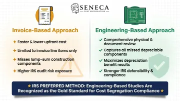 Engineering-based versus invoice-based cost segregation methodology side-by-side comparison infographic