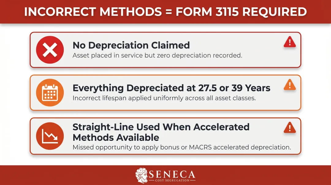 Three incorrect depreciation methods triggering Form 3115 accounting method change