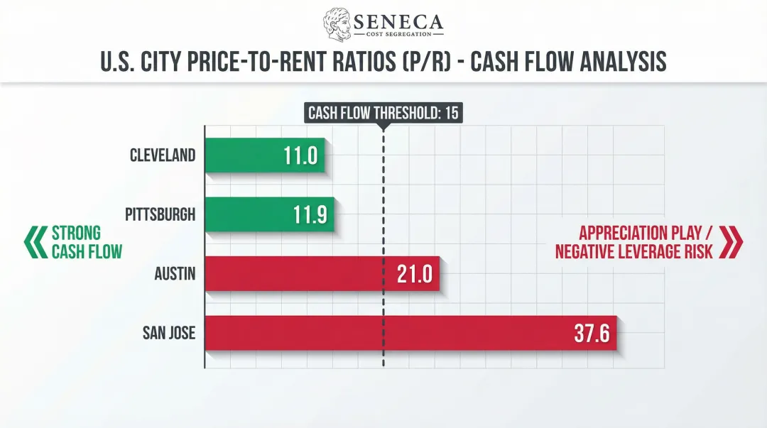 Price-to-rent ratio comparison across US cities cash flow versus appreciation markets