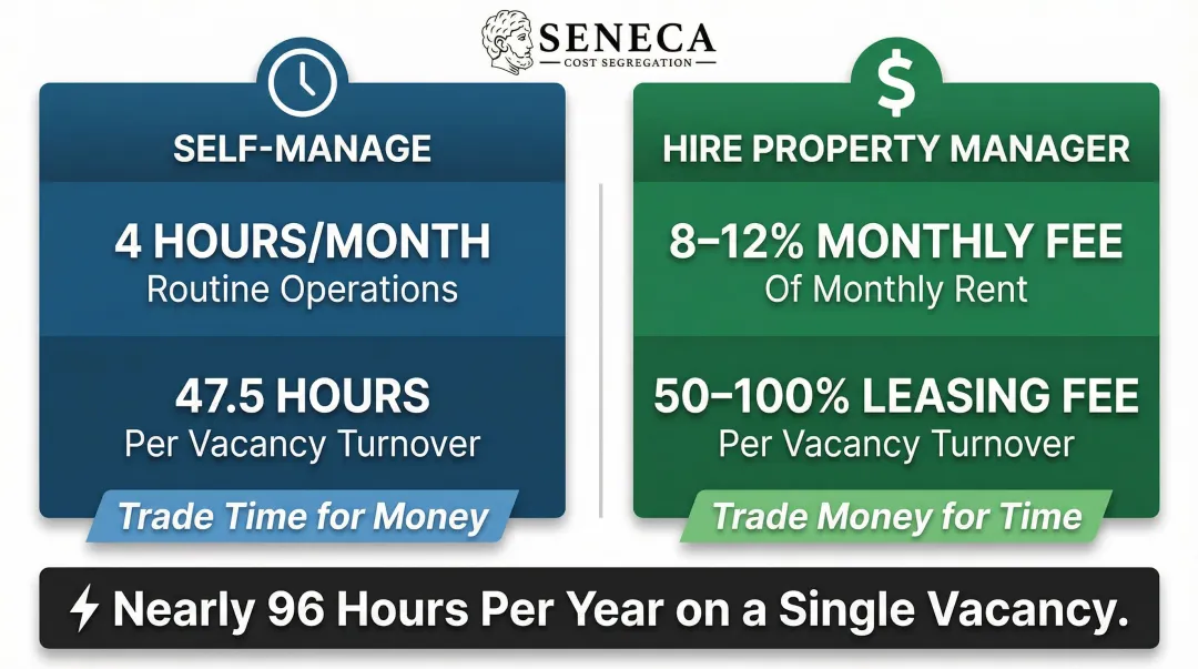 Self-management versus property manager time and cost tradeoff comparison infographic