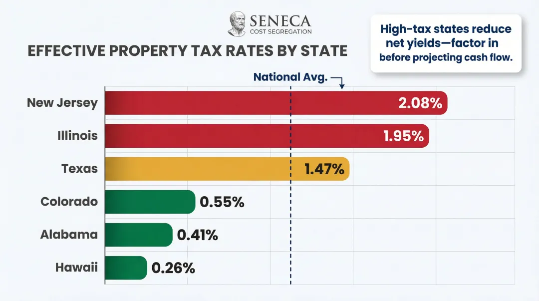 US property tax effective rate comparison by state from lowest to highest infographic