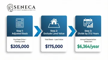 Rental property depreciation basis calculation three-step process infographic