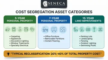 Cost segregation asset reclassification categories showing 5-year 7-year and 15-year property schedules