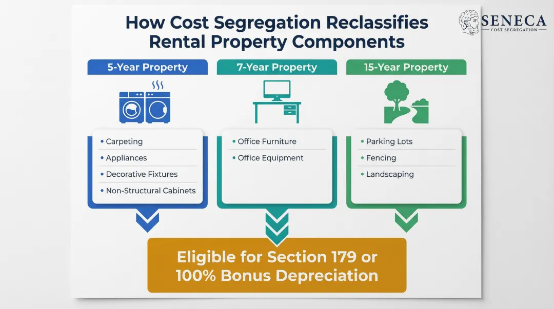 Cost segregation property classification breakdown showing 5-year 7-year and 15-year asset categories
