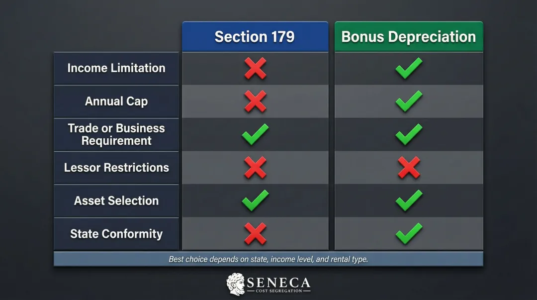 Section 179 versus bonus depreciation feature comparison chart for rental properties