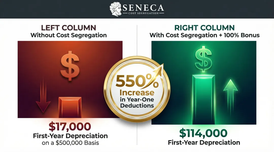 Standard depreciation versus cost segregation plus bonus depreciation first-year deduction comparison