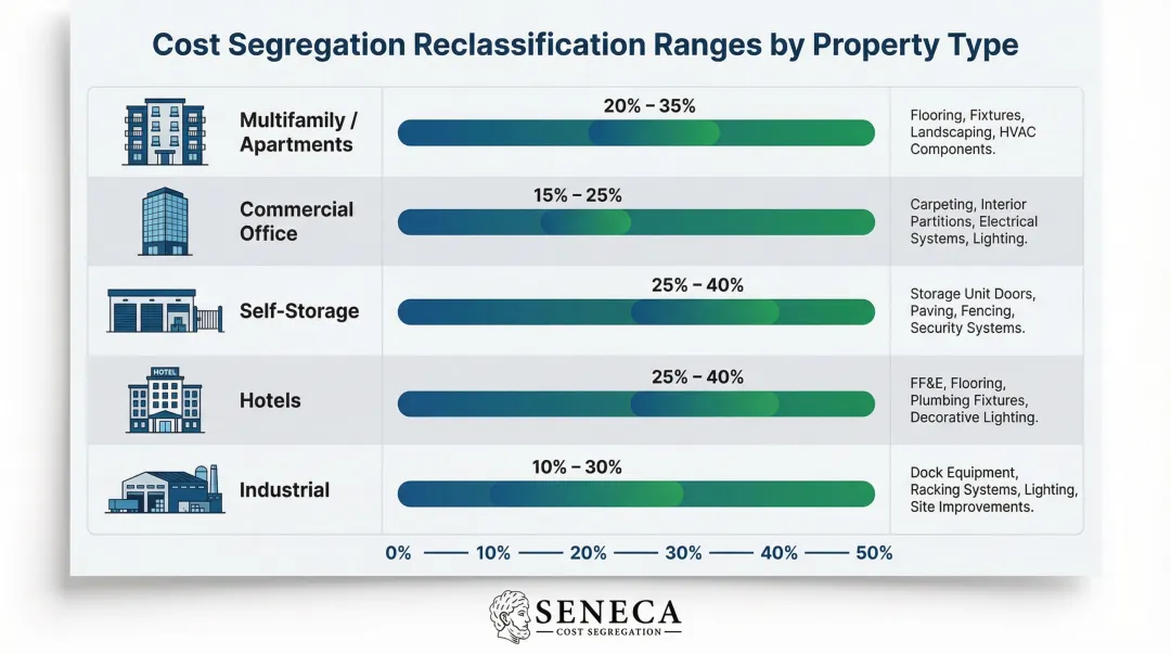 Cost segregation reclassification percentage ranges by property type comparison chart